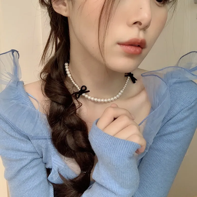 AOMU KOREA Sweet Black Velvet Bow Double Necklace 간단한 Bow Knot Plush Pearl Clavicle Chain Collar Lady Jewelry 220727