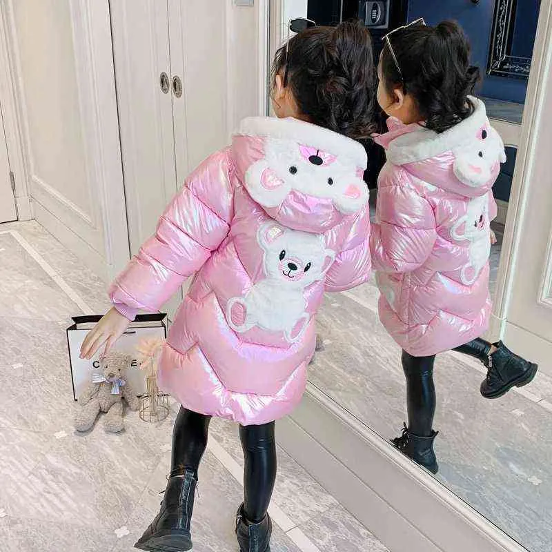 Cute Bear Girls Coat Winter Warm Jackets For Girls Hooded Parka Long Waterproof Outerwear Children Clothes 2-8Y J220718