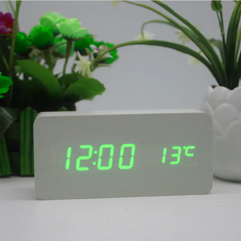 D2 ساعة تنبيه رقمية LED ساعة خشبية طاولة التحكم الصوتي الخشب Despertador غفوة الوقت عرض درجة الحرارة ساعات سطح المكتب هدية 220623