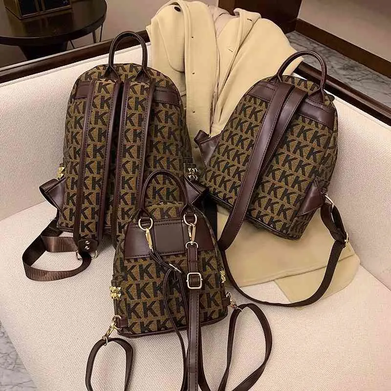 K-shaped Rivet Backpack Korean Version Chao2021 Brown Double Shoulder Crossbody Bag Fabric283U