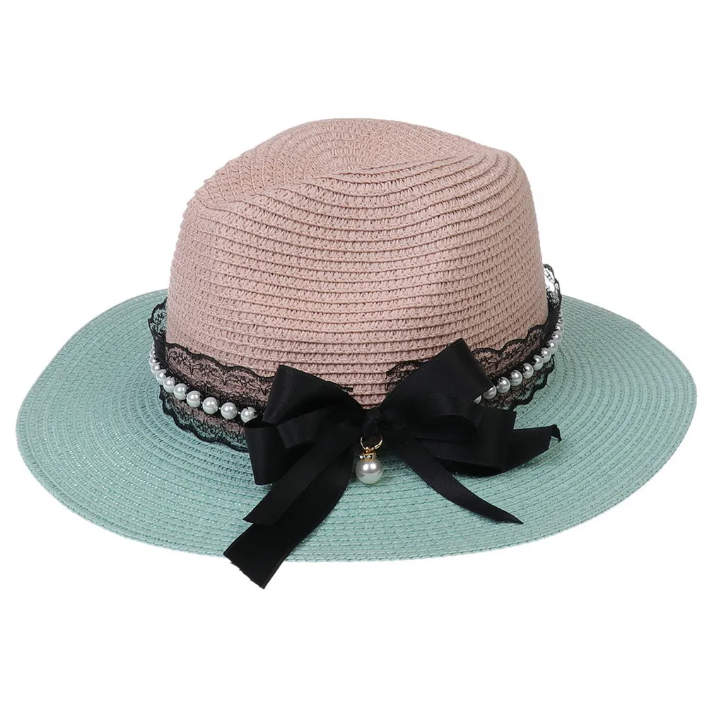 Chapeaux de soleil bicolores pour femmes Chapeau de plage d'été avec nœud en dentelle noire pour femmes Chapeau de paille de voyage pliable