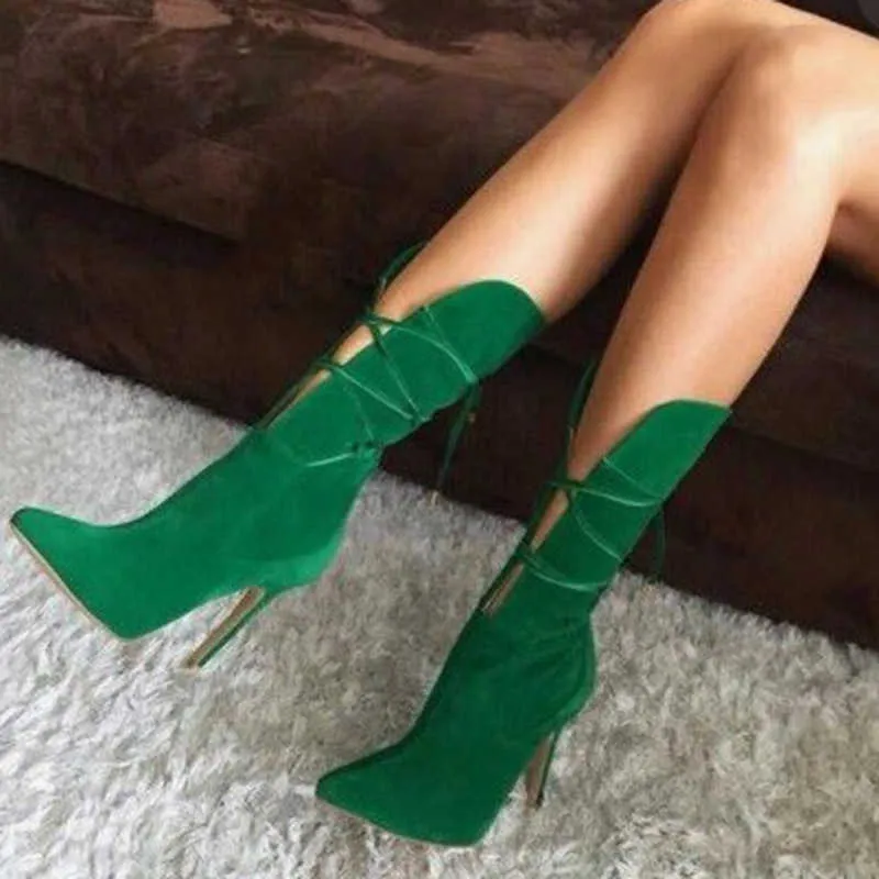 Sorbern Custom Women Boots Green Fake Suede Pointed Side Zipper Fashion Super High Heel Stor Storlek US17 Kvinnor Short Booties