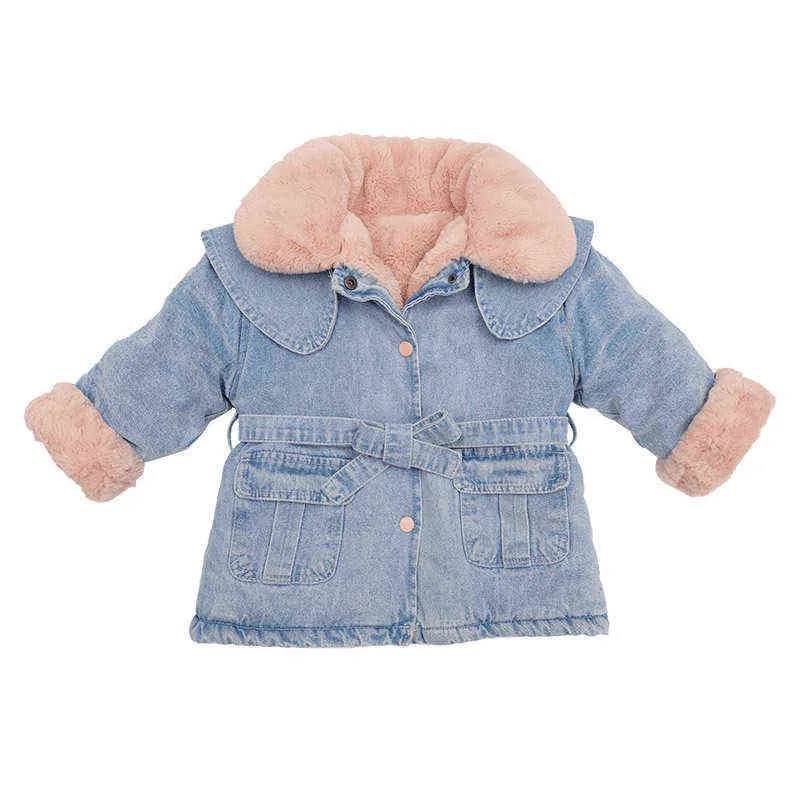 가을 겨울 여자 소녀 데님 재킷 플러스 모피 칼라 따뜻한 유아 외부 복장 카우보이 자켓 어린이 두꺼운 여자 아기 공원 J220718