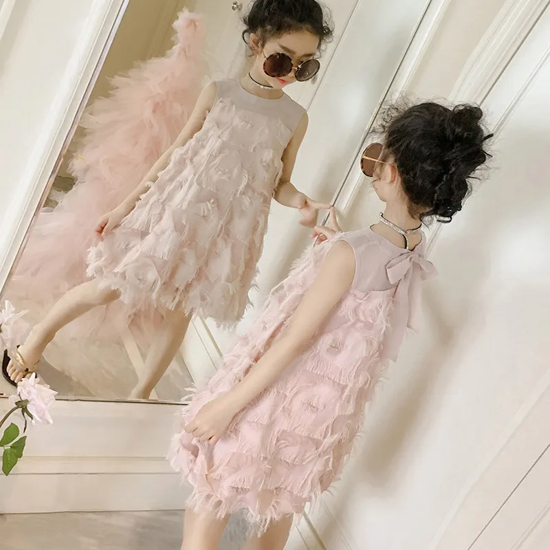 Sommer Mädchen Kleid Prinzessin Stil Zurück Bogen Feder Chiffon Mesh Teens Für 5 7 9 11 13 Jahre Große kinder Kleidung 220426