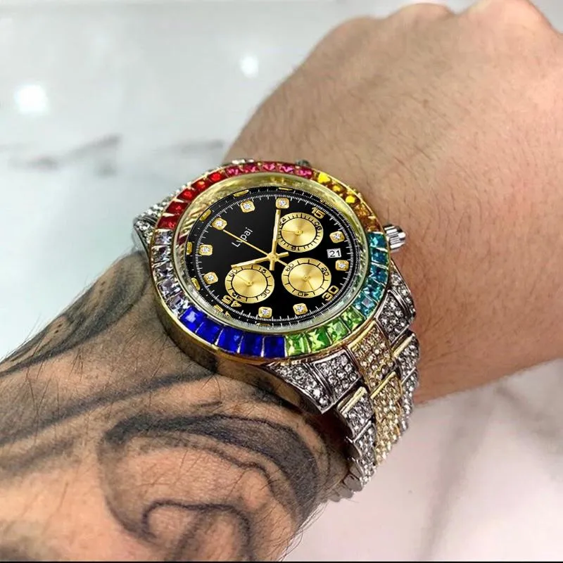 Orologi da polso Orologi al quarzo di marca Lvpai con micro pavé ghiacciato Pietre colorate Orologio hip-hop in acciaio inossidabile con zirconi cubici 262g