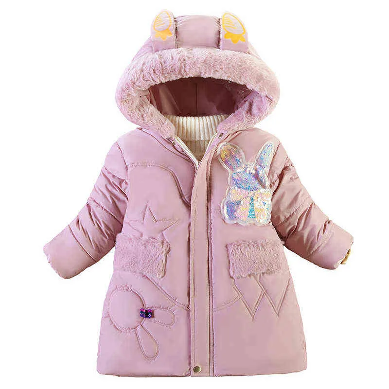 4 5 6 년 겨울 소녀 재킷 모피 칼라 토끼 귀는 재킷 후드 지퍼 지퍼 패션 외부 웨터 생일 선물 어린이 의류 J220718
