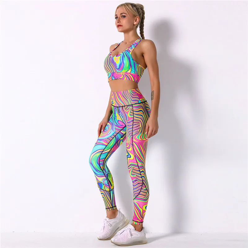 Leggings colorati stampati da donna Geometry Print Running Yoga Tute Abbigliamento sportivo Vita alta Fitness Sports Set Tuta da palestra 220330