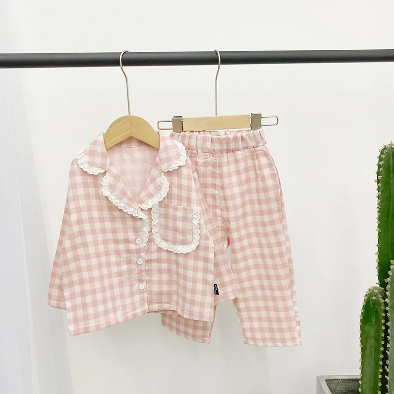 Baby Girl Plaid Pyjamas Vêtements Ensemble Coton Manteau Pantalon Printemps Automne Infantile Enfant Enfant Salon Costume Accueil 1 10Y 220715