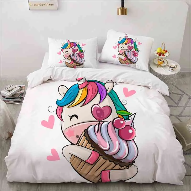 Kinderen kinderen baby roze beddengoed sets queen king size cartoon eenhoorn wit zacht dekbedovertrek enkele dubbele twin vol kleurrijk