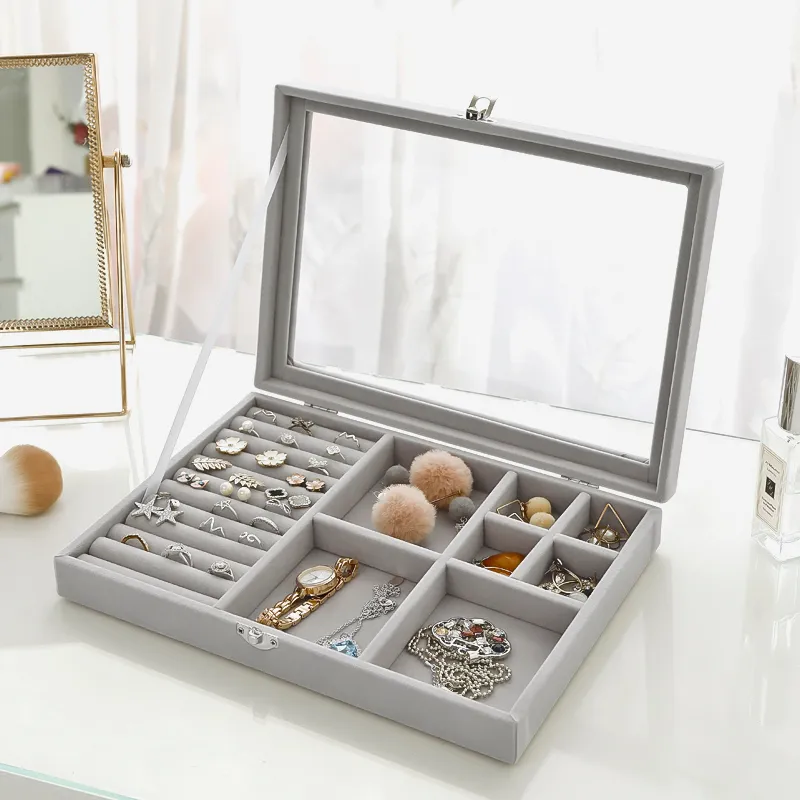 Velvet Glass Ring Earring Jewelry Display Organizer Box Tray Holder Storage Case 220727
