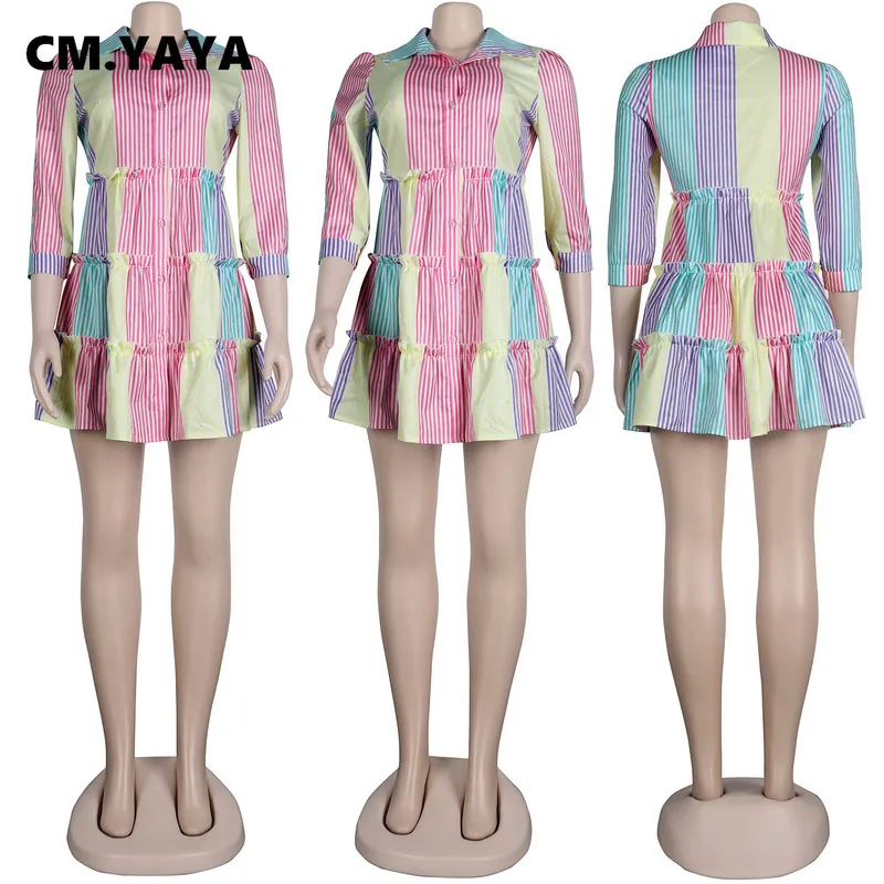 CM.YAYA Women Mini Dress Print Three Quarter Sleeve Turn-down Collar A-line Dresses Office Lady Fashion Vestidos Autumn Outfits 220426