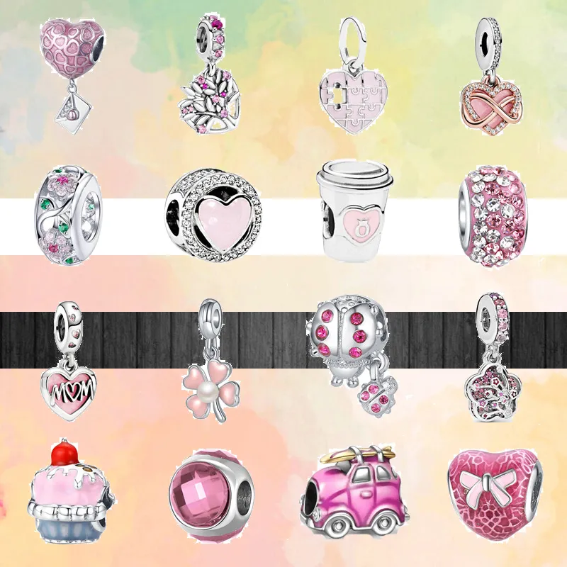 925 Silver Fit  Charm 925 Bracelet New 45 Styles Pink Charm Flowers Envelope Mom Heart Sparkling Beads charms set Pendant DIY Fine Beads Jewelry
