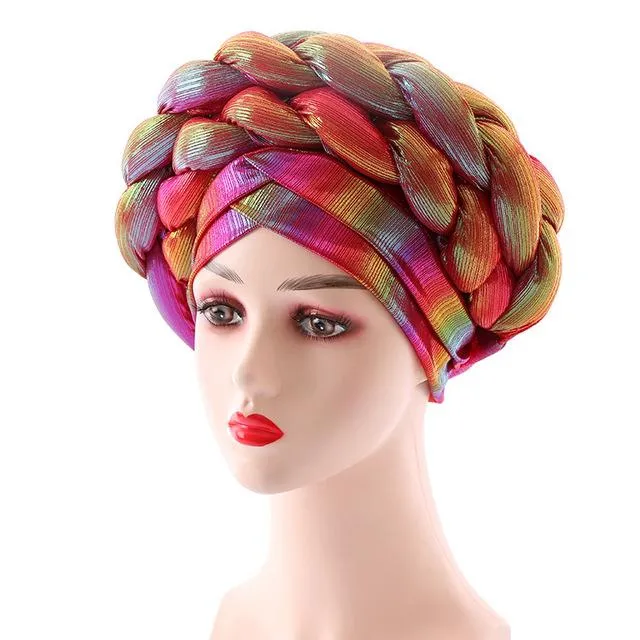 Turban Pre-Tied Headwrap Beanie Skull Caps Women Metallic Braided Head Covering Caps African Headties for Wedding