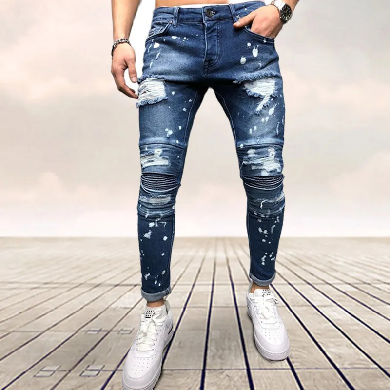 Men Painted Stretch Skinny Jeans Slim Fit Ripped Distressed Pleated Knee Patch Denim Pants Brand casual trousers for men 220408