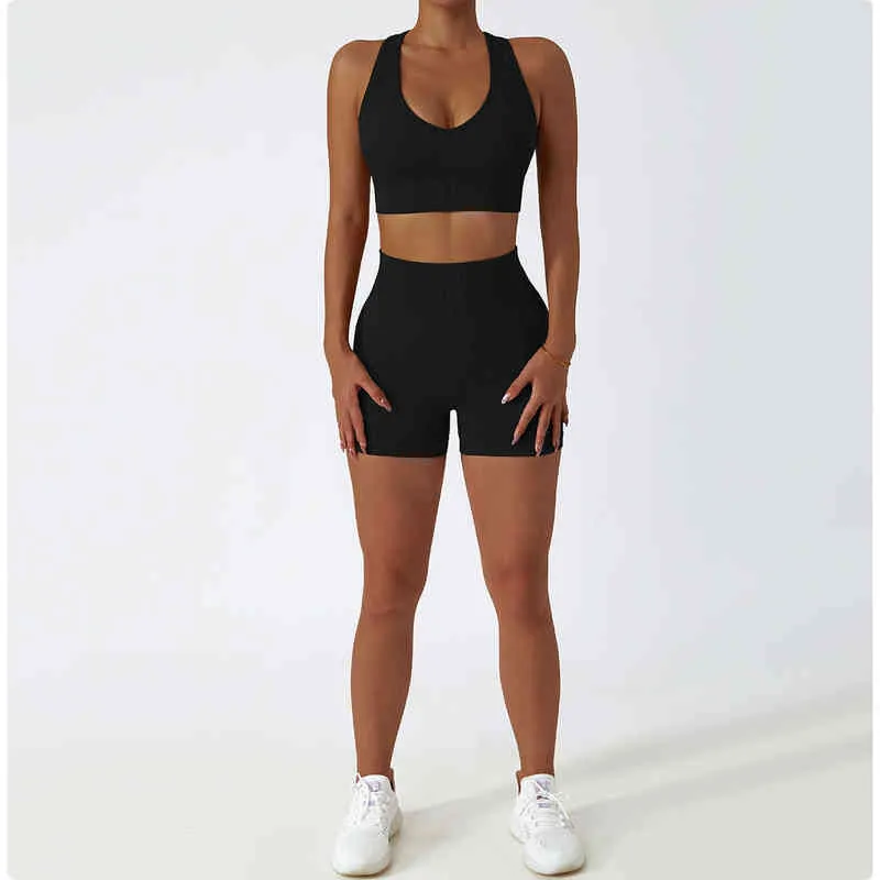 Pieces Seamless Yoga Set Ribbed Workout Outfits for Women Sport Bra High Waist Shorts Leggings Sets Fitness Gym Clothing J220706