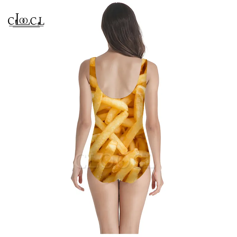 Deliciosas batatas fritas fritas 3d impressão onepiece swimwear mulheres natação maiô sem mangas sexy maiô 220617