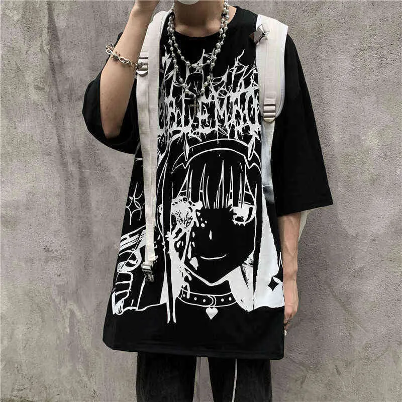 Qweek Gothic Dark Anime T-Shirt Graphic T Shirt streetwear مانجا عتيقة هاراجوكو القوطي القوطية القوطية قميص أعلى 2021 كبوب