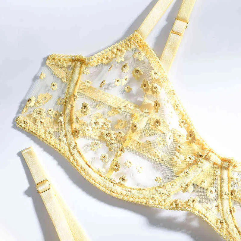 Nxy – sous-vêtements Sexy 2 pièces, ensemble de soutien-gorge en maille florale jaune, culotte transparente, Lingerie pour dames, 2022, 2204192284356