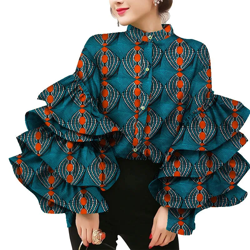 Bintarealwax African Dress Shirt Stand Collar Layers Flare Sleeve Women's Bluses Wax Print Cotton Top Plus Size Lady Clothes Party WY8635