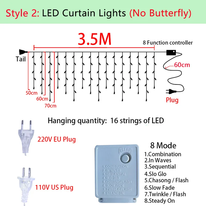 3.5m Butterfly LED Curtain Lights Christmas Garland LED String Fairy Lights For Holiday Wedding Party Home Year Decoration 220408