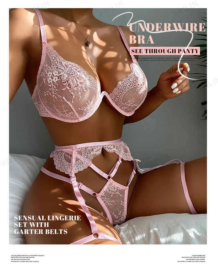 Dames Sexy Lingerie Set met Karter Riemen Kant Transparante Push Up BRAS Zien door slipje Temptation Erotische sensuele ondergoed