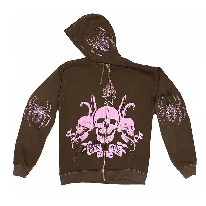 Kadın Örümcek Kafatası Baskı Sokak Giyim Kapüşonlu Ceket Goth Harajuku Y2K Estetik Giysiler Grunge Punk Ceket Zipup 220726