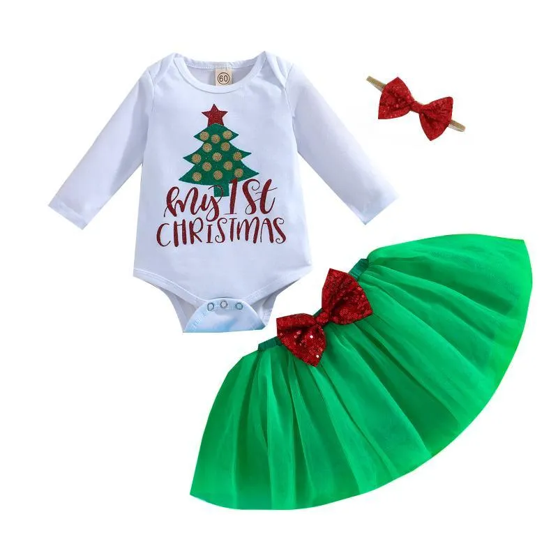 Ensembles de vêtements 3 pièces arbre de Noël bébé filles ensemble lettre imprimé col rond manches longues barboteuse + jupe courte + bandeau pour 0-24 mois