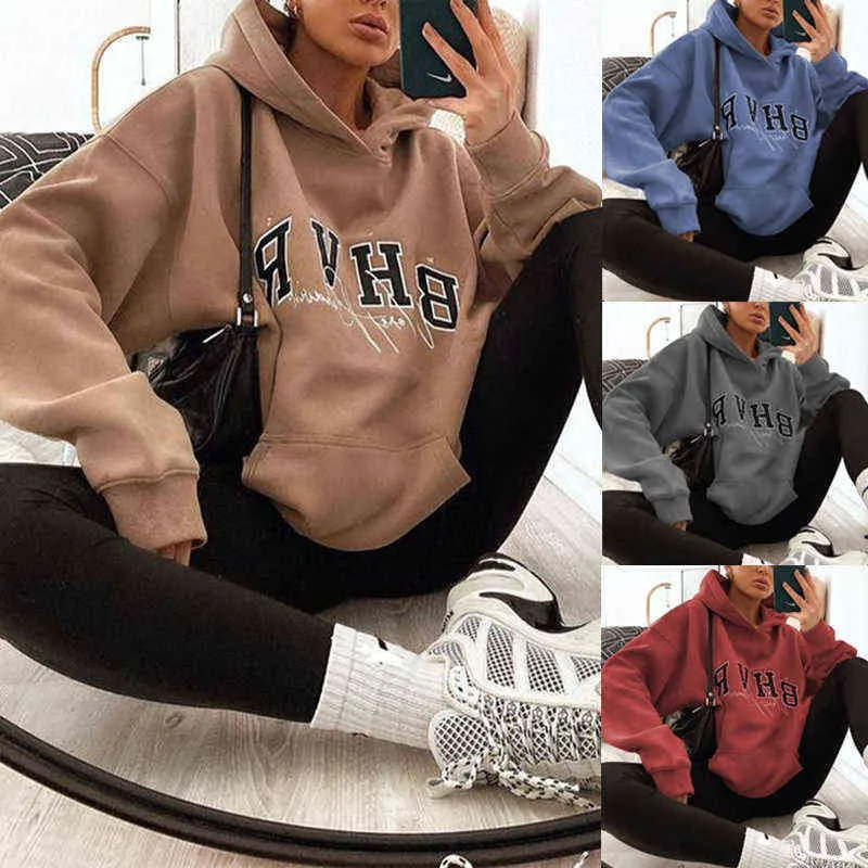 Röda bokstäver tryck vintage tjock varma överdimensionerade hoodies kvinnliga tröja vinter tröjor nya varumärkes toppar tonårkläder t220726