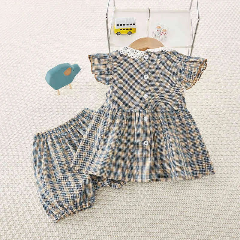 2022 Summer Summer New Girls 'Blaid Suits Suit Small Flying Sleeves Dollar Sweet Beauty Baby Baby G220509