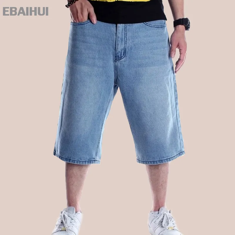 Ebaihui 남자 짧은 청바지 여름 느슨한 넓은 다리 데님 바지 힙합 남성 스케이트 보드 스와그 가루가 많은 카프리 블루 데님 반바지 큰 크기 30-46