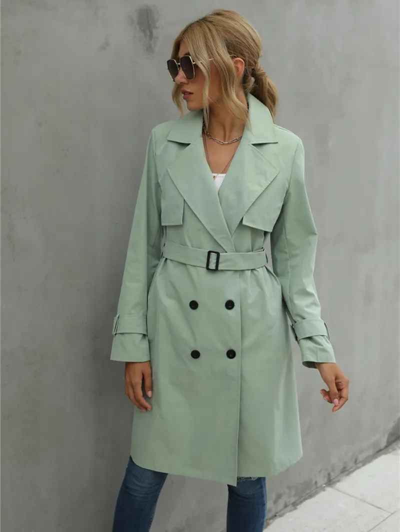 Moda mujer Trench Casual Color sólido abrigo adulto Elagant moda manga larga solapa cuello doble botonadura abrigo con cinturón para mujer 220804