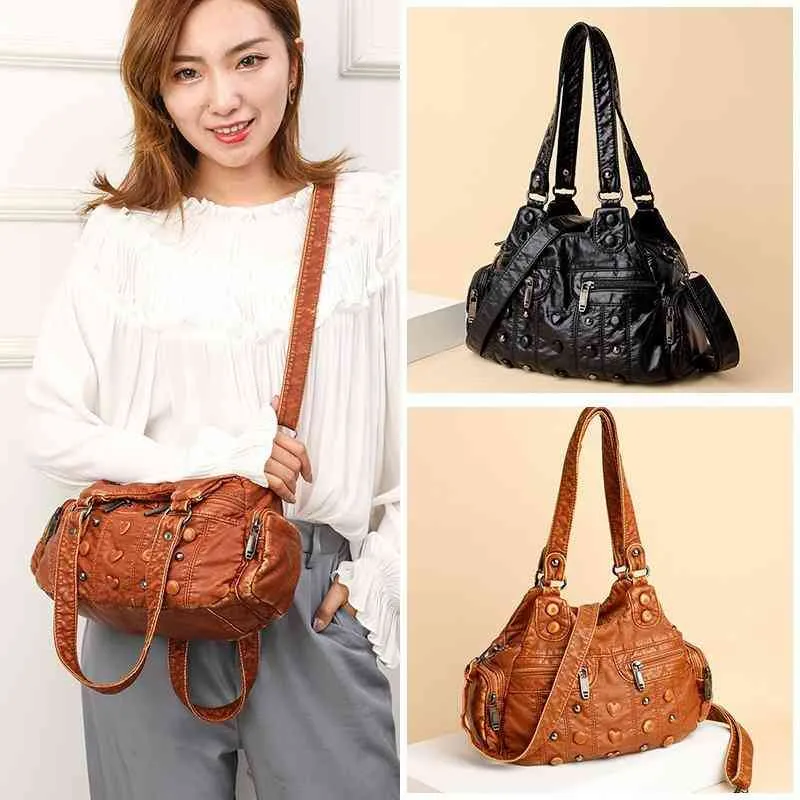 Purses Outlet Women's new hand soft texture double-layer high-capacity real washed leather diagonal sling one shoulder bag women
