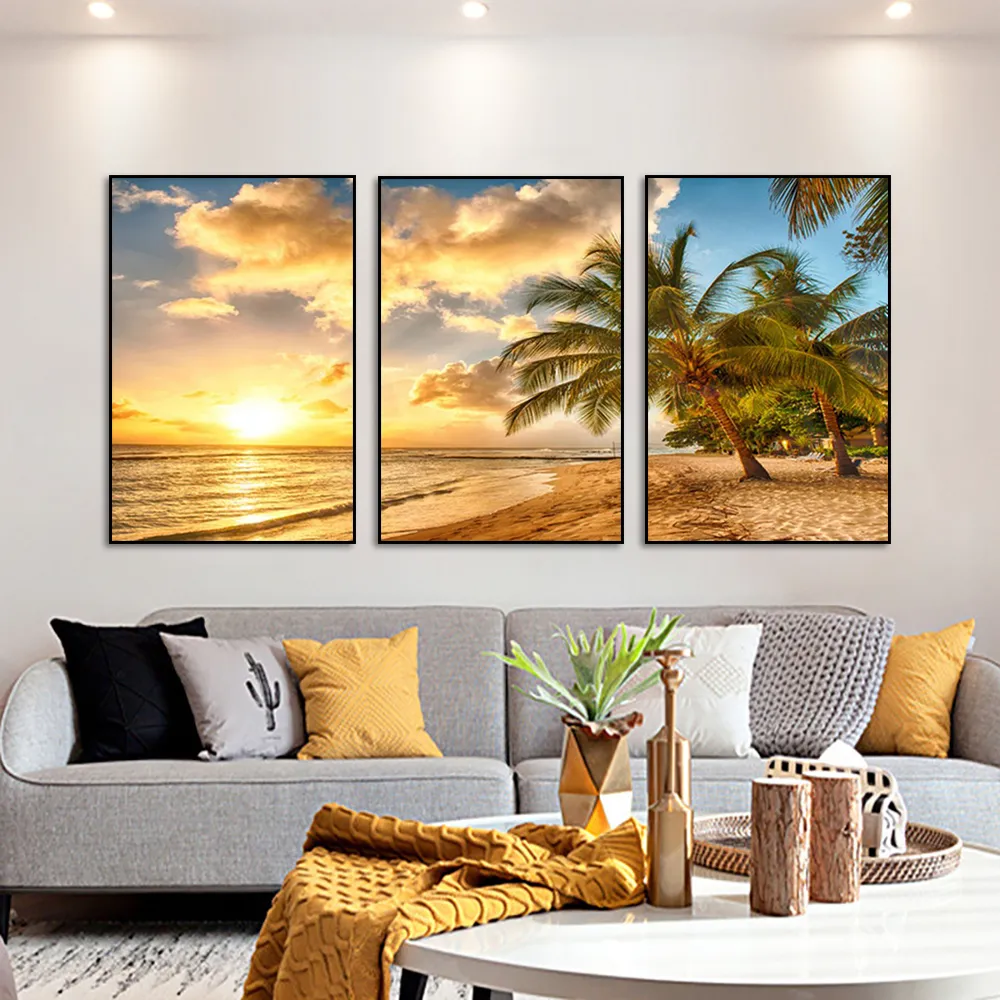 3 pezzi modulari Dusk Seascape Wall Art Canvas Painting Modern Beach Palm Tree Poster e stampe Immagini la decorazione del soggiorno