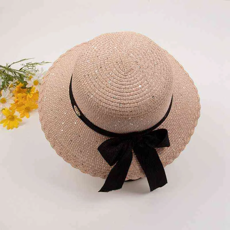 Летний пляж соломенные шляпы женщины мода широкое солнце шляпу пляж капюшон ультрафиолетовый шляпа складные соломенные колпачки для женщин G220301