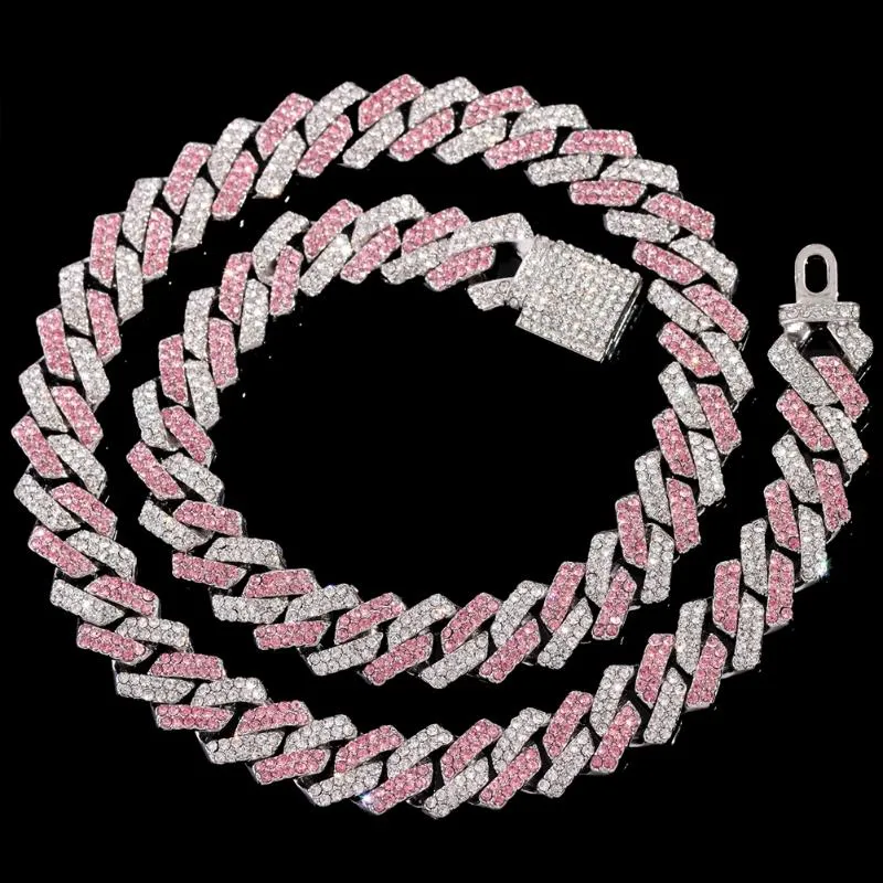 Correntes HipHop Rosa Cristal 14mm Rhombus Prong Cuban Link Chain Colar para Mulheres Strass Completo Pave Gelado Out JewelryChains2251