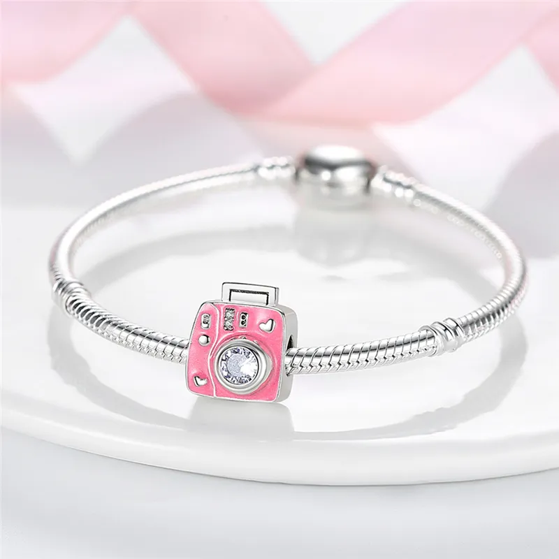 925 Sterling Silver Dangle Charm Halsband Kvinnor Pink Serie Pärlor Pärlor Fit Charms Armband DIY smycken Tillbehör