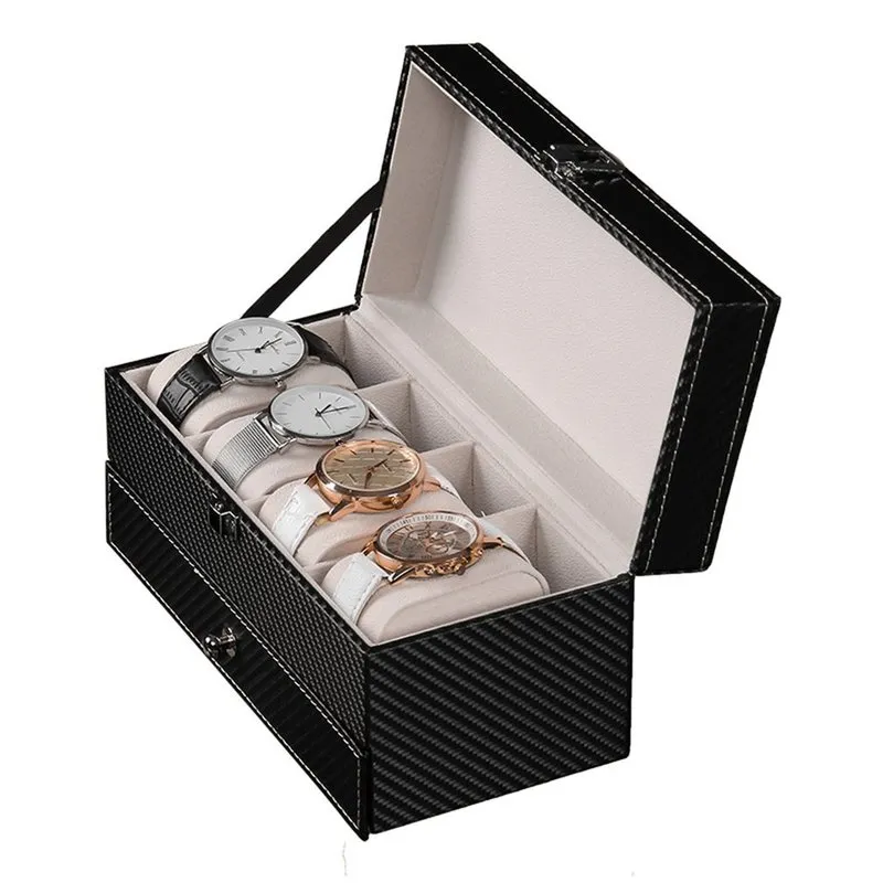 Carbon Fiber 2 Layers 4 bit Box with Drawer Watch Storage es Display Case Jewelry Collector 220719