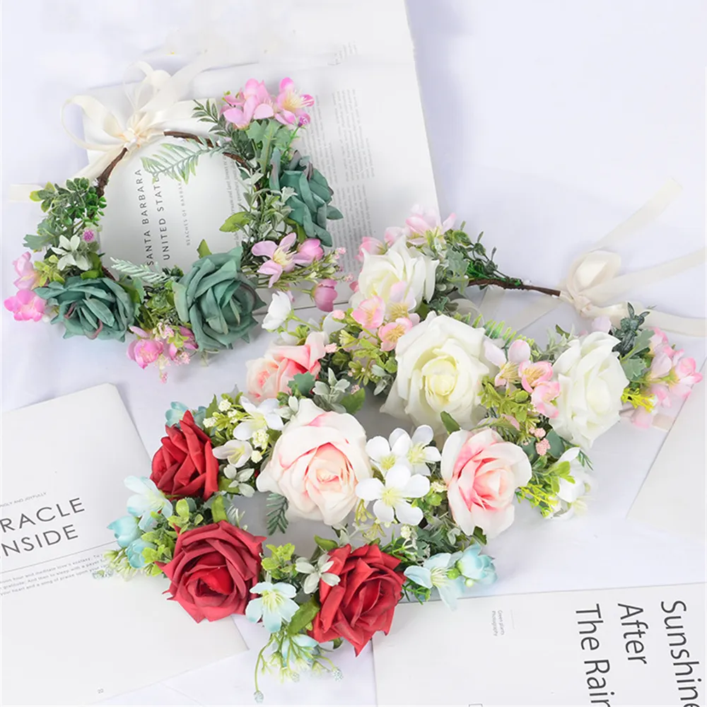 2022 coronas de flores bohemias de primavera playa Hawaii Floral guirnalda romántica Faux Rose boda coronas nueva flor diadema joyería