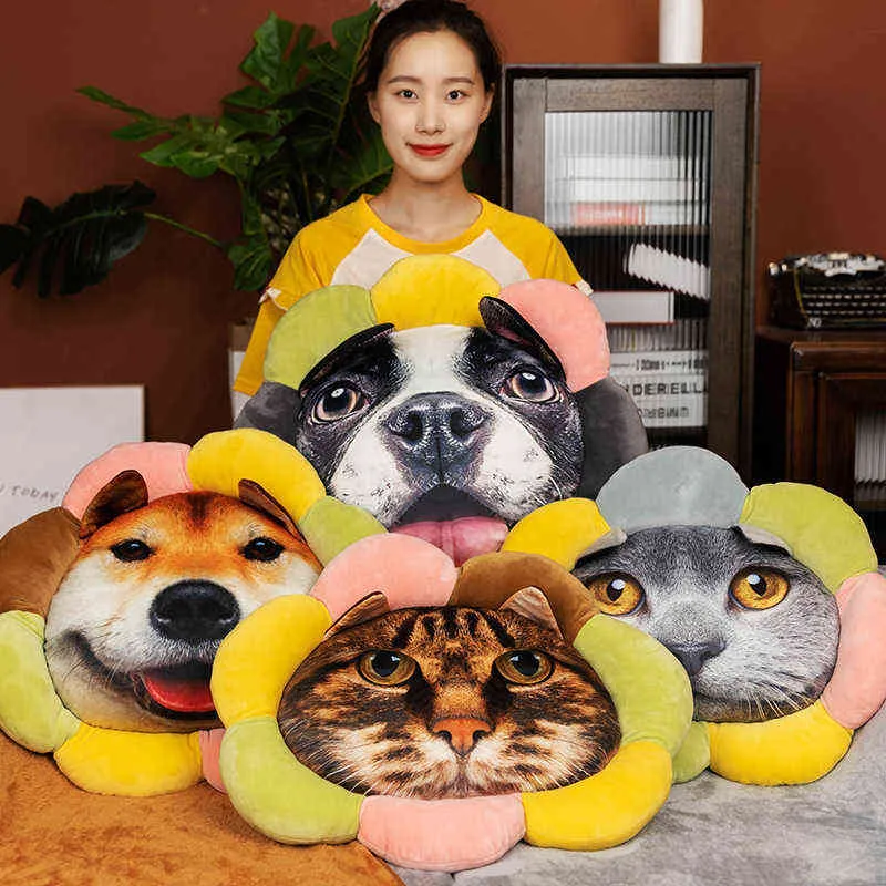 Cartoon Suower Husky Akita Dog Cat Plush Cushion With Blanket Dolls Simulation Animal Head Creative Toy Boys Kid Gift J220704