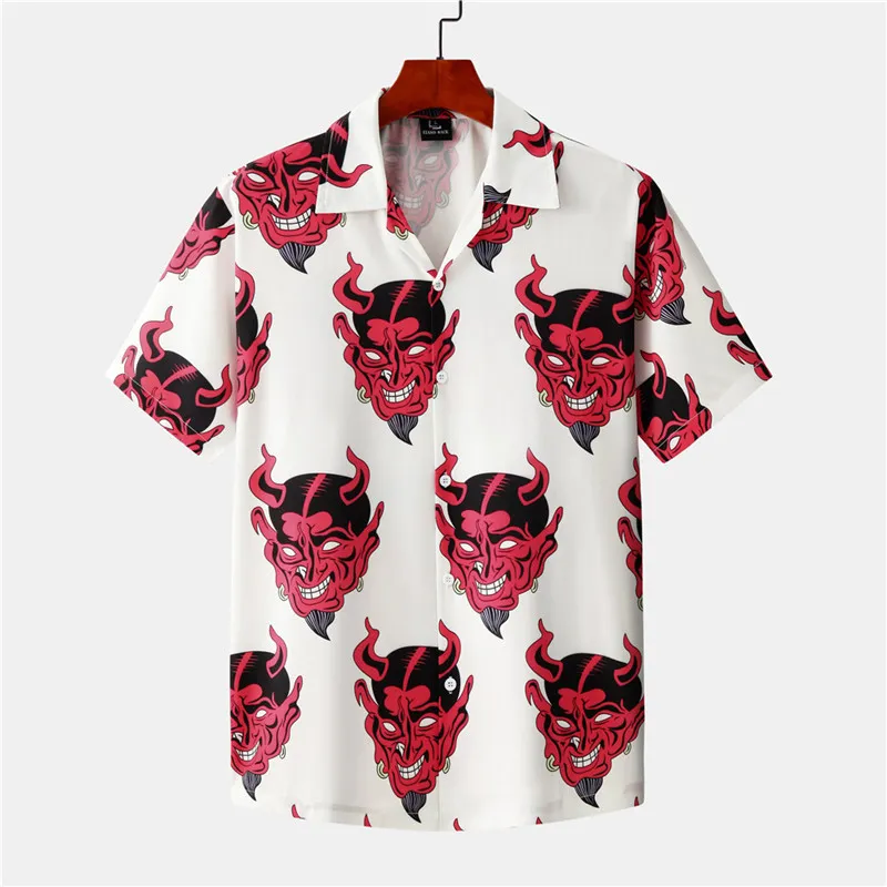Devil Full tryckta Kortärmad T-shirts Män Sommar Blommor Loose Hawaiian Koreanska Streetwear Hip Hop Par Mode T Shirts Camisa 220401