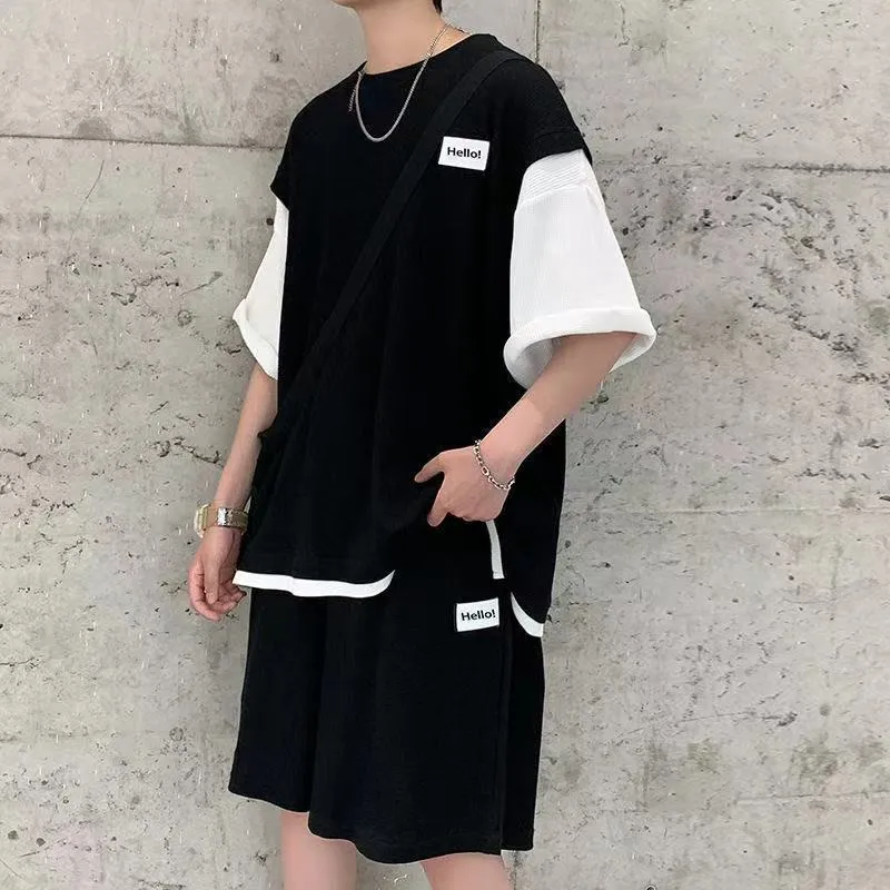 Men Summer Two Piece Loose Tracksuit Short Sleeve Oversized Fake T shirts Shorts Set Male Chic s Outfits Joggers 220708