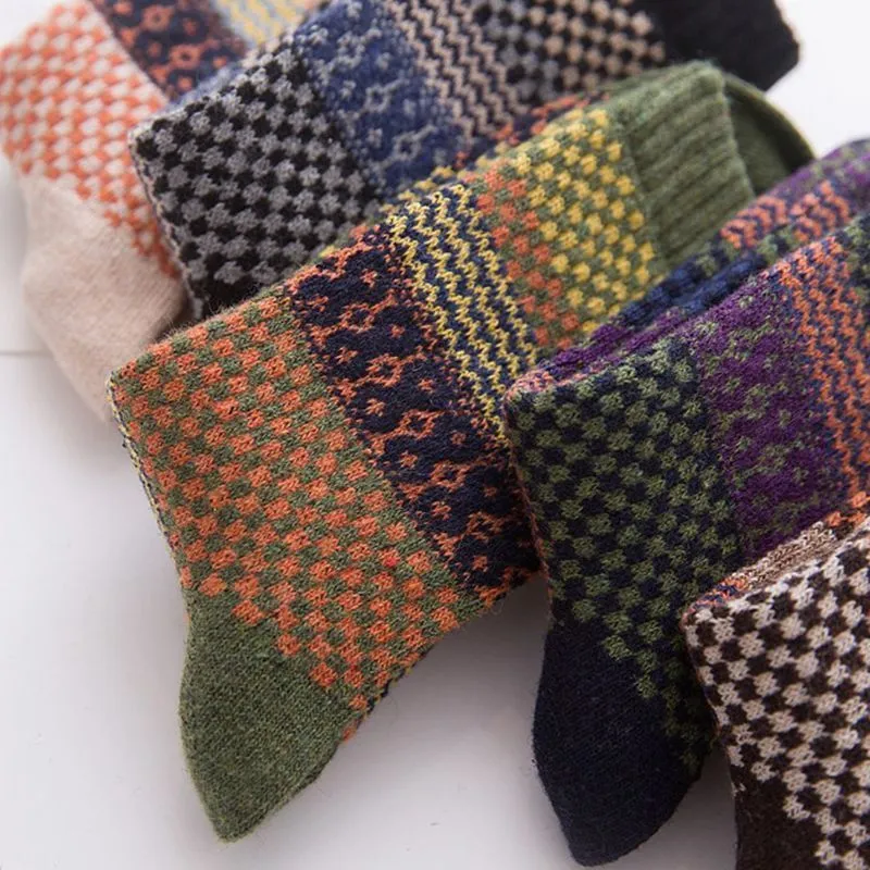 5 par Mens vintage étnico lã morna longa meias verificadas listradas geométricas knit winter 220323