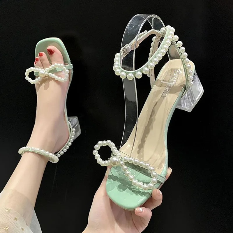 Rimocy Pearl Ankle Strap Clear Heels Sandals Women Summer Transparent PVC Sandalias Mujer Open Toe Square Heels Party Shoes 220516