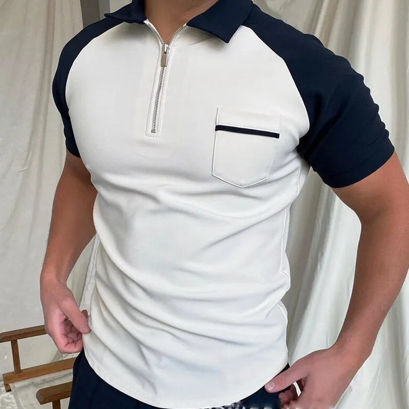 Summer Streetwear Odzież Mężczyzny Masowe Koszulki Polo z krótkim rękawem Casual Down Down Cołdek Zipper Projekt Patchwork Tops 220614GX