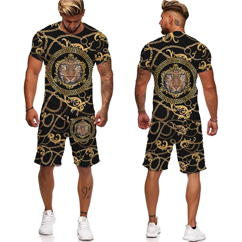 Été Golden Lion Imprimé T-shirt Shorts Costume Hommes s Casual Graphique O cou Tops Pantalon Ensemble Mâle Hip Hop À Manches Courtes Survêtement 220613