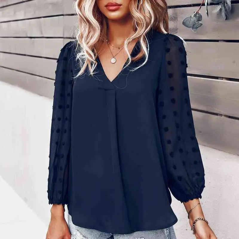 Chiffon Sheer Mesh Tops Women Solid Color Ol Shirts Casual V-ringen Långärmad blusar Kontor Lady Tops Blusas Mujer L220705