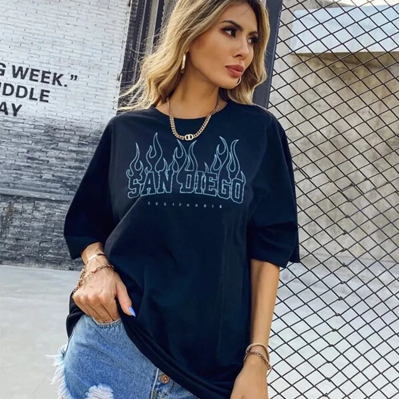 Fashion Womens Tshirts SAN DIEGO Letter Prints T Shirt Women ONeck Oversized Loose Short Sleeve Summer Tops Streetwear W220615