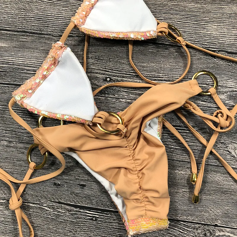 Solid Bikini Sexy Swimsuit Halter Swimwear Bathing Suit Women Bling Sequin Set Beach Wear Drop Monokini Glitter 220414