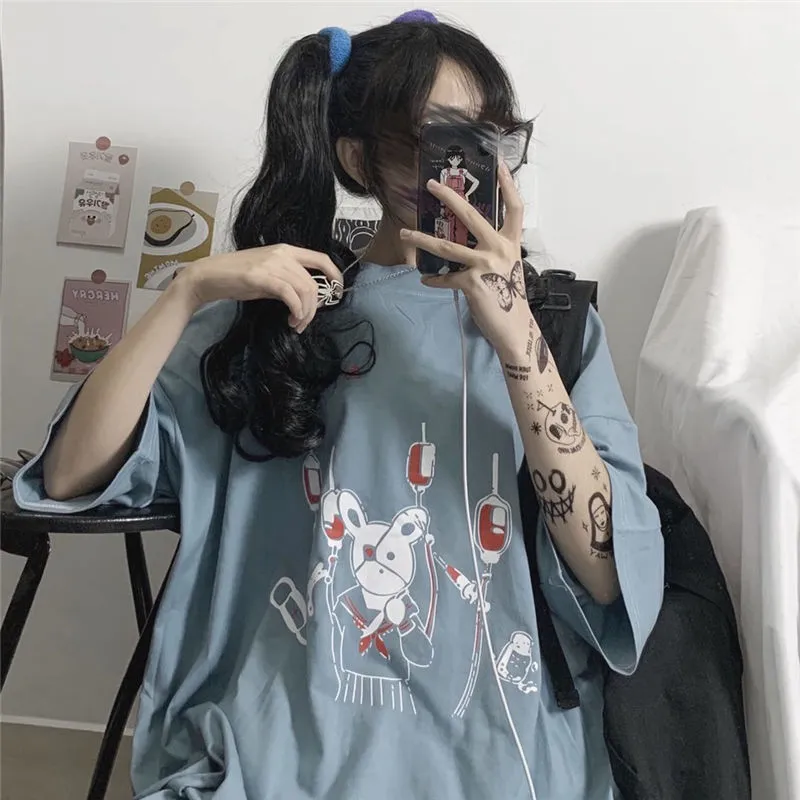 Punk été lâche Vintage femmes t-shirt Ulzzang lapin rue Harajuku dessin animé imprimé manches courtes vêtements de baisse 220602