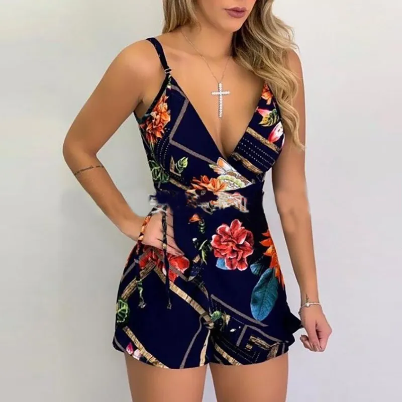 Sexy v-hals spaghetti-band bloemenprint vrouwen korte romper playsuit vrouwelijk strand ruches mouwloze mode casual jumpsuit 220513